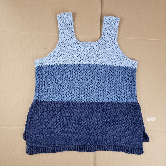 Crochet Tank Top High-low Hem Handmade Handcrafted Blue 3 Tones - Picture 8 of 16